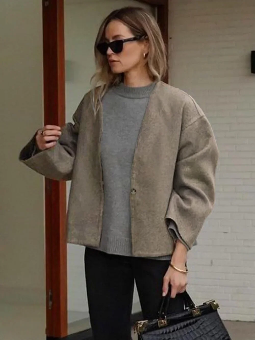 Women's Khaki Wool Blend Cropped Collarless Long Sleeve Short Fall Pea Overcoat